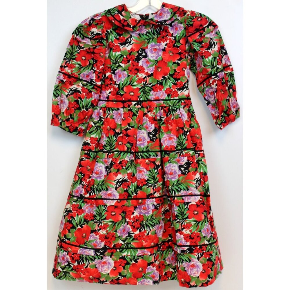 Vtg 90s Sylvia Whyte Neiman Marcus Girls Dress Sz 8 Red Winter Roses Christmas